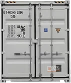 Rear view of a locked white shipping container with safety and weight warning labels — DKS Kuwait branded transport visual.