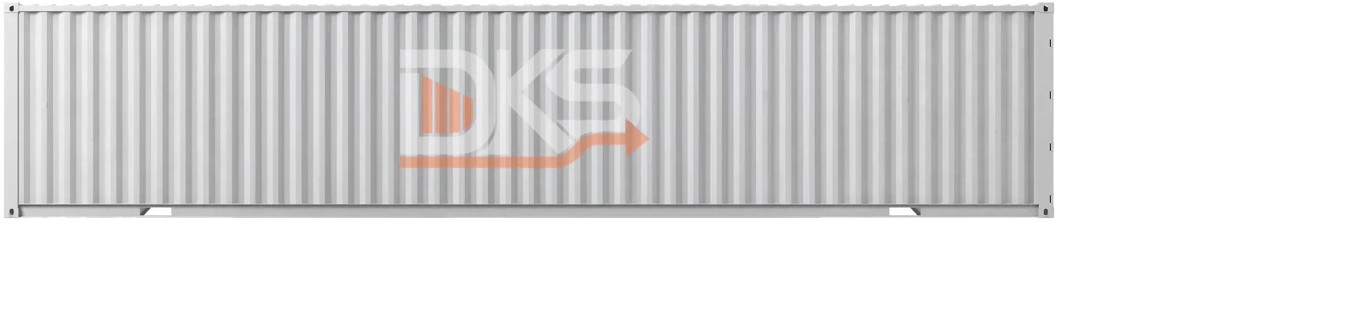 White steel shipping container with vertical ridges isolated on transparent background — DKS Kuwait branded transport visual.