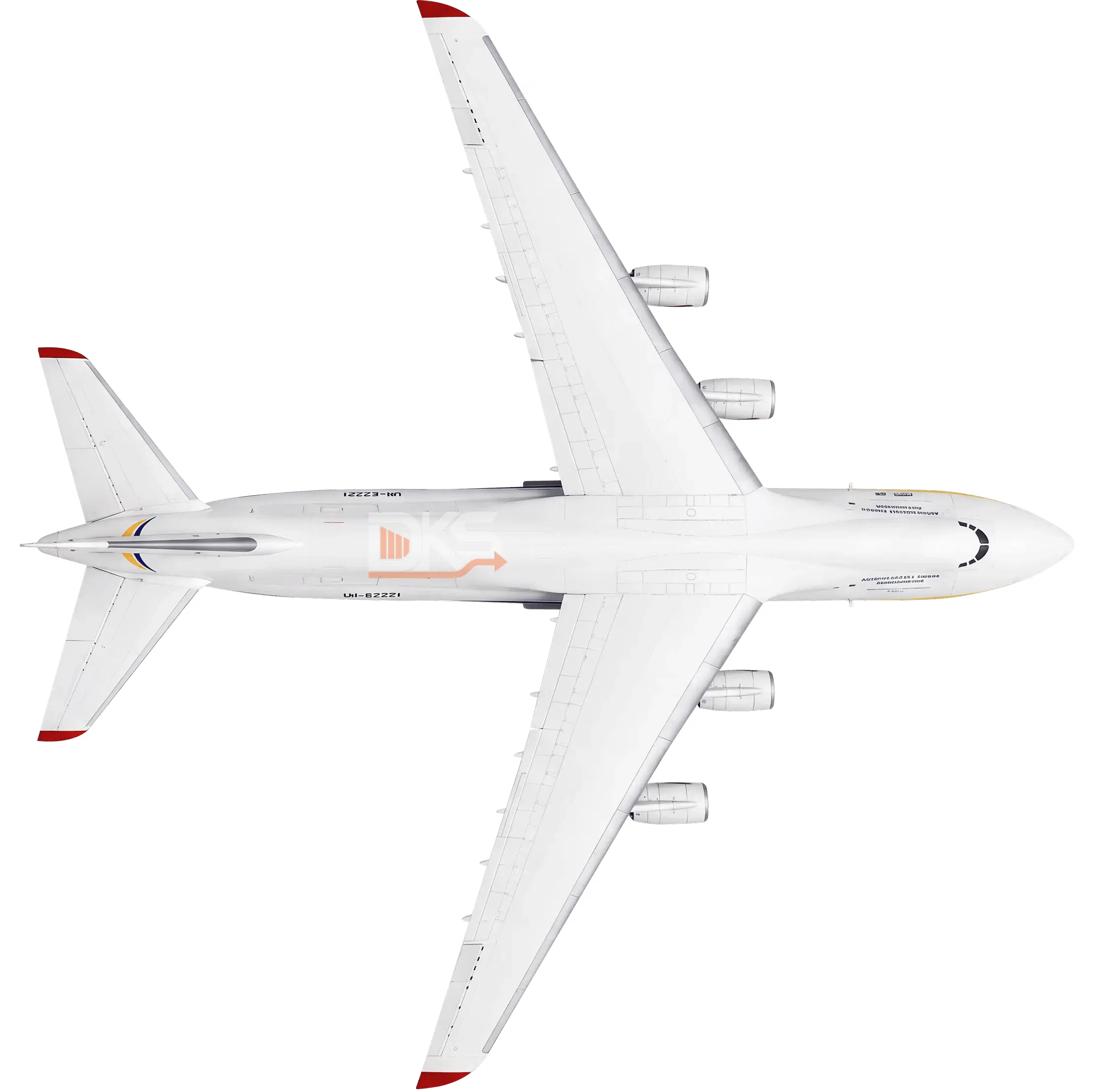 Top view of a white commercial airplane with four engines and red tips on wings and tail — DKS Kuwait branded transport visual.