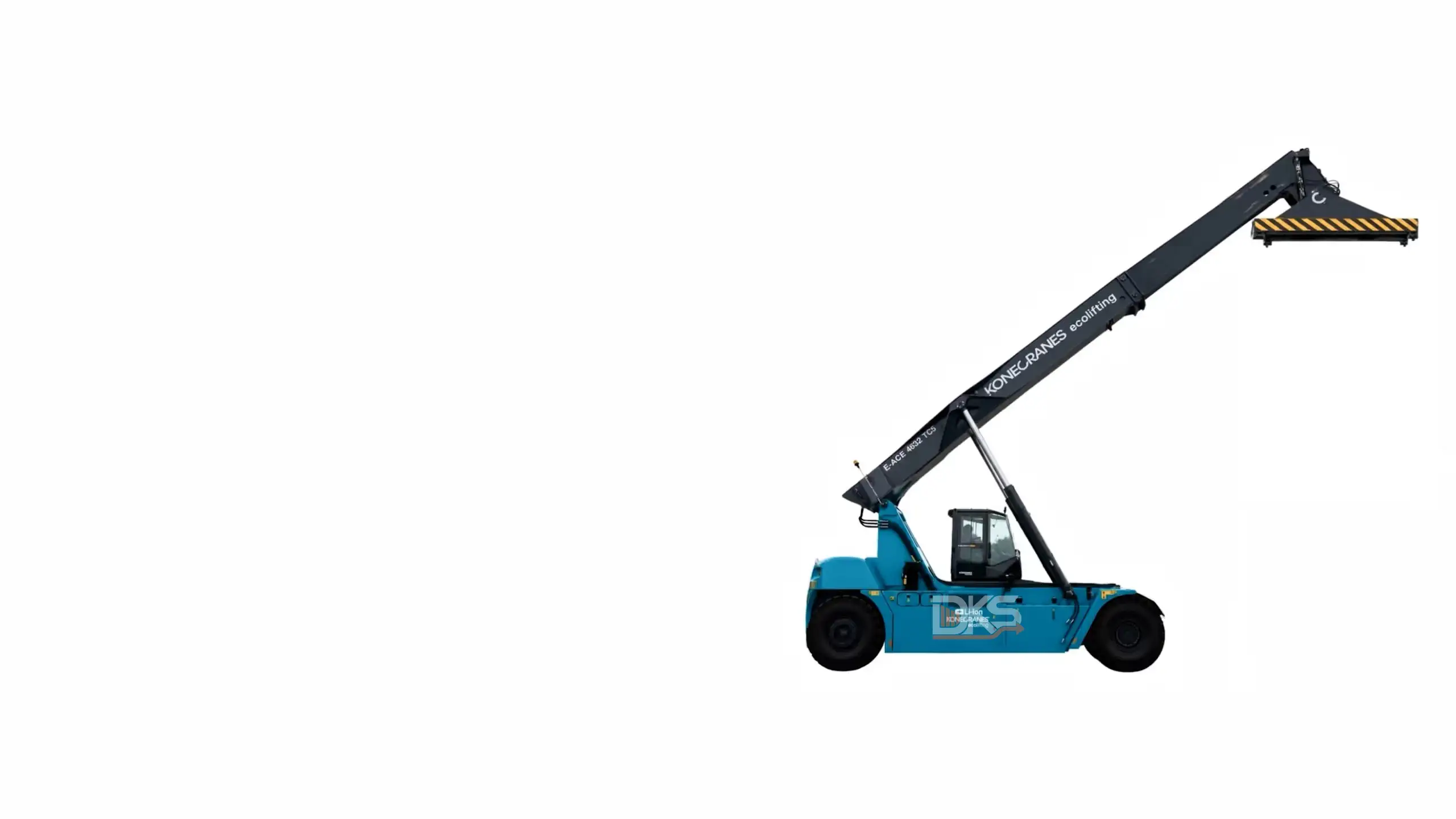 Blue Konecranes reach stacker vehicle with extended black boom on white background — DKS Kuwait branded transport visual.