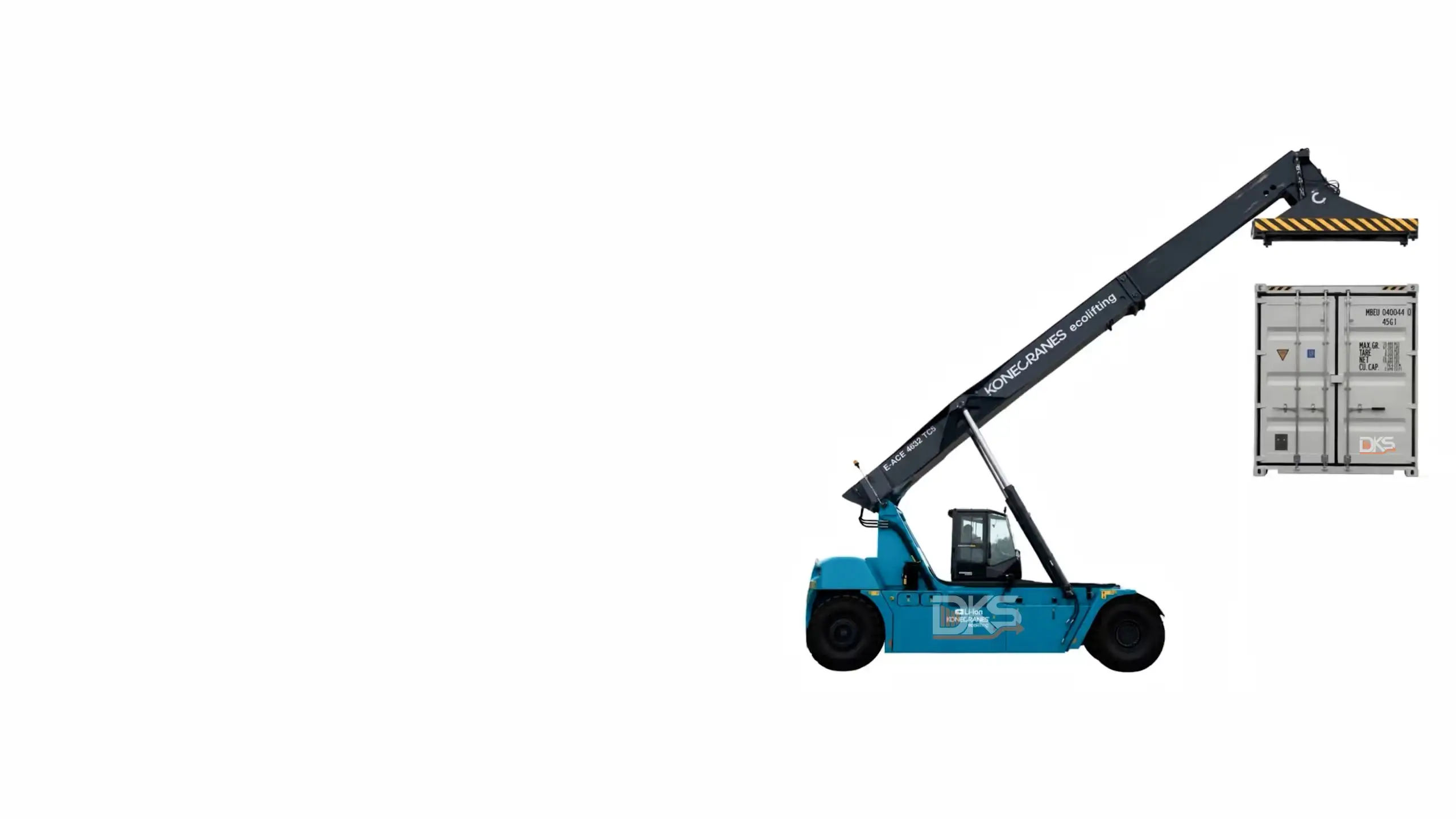 Blue Konecranes reach stacker lifting a grey cargo container with an extended arm — DKS Kuwait branded transport visual.