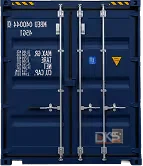 Blue shipping container doors with locking bars, warning signs, and white stenciled text — DKS Kuwait branded transport visual.