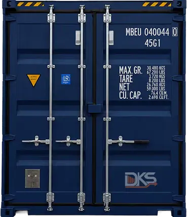 Blue shipping container doors with metal locks and white weight and capacity markings — DKS Kuwait branded transport visual.