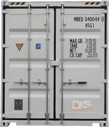 White shipping container rear doors with weight and capacity details in black text — DKS Kuwait branded transport visual.