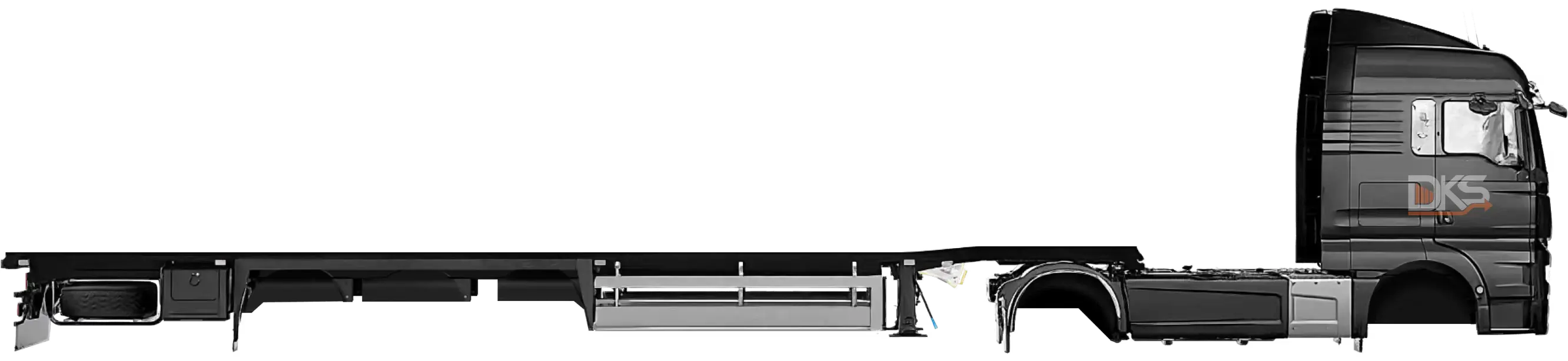 Side view of a black semi-truck cab without a trailer attached — DKS Kuwait branded transport visual.