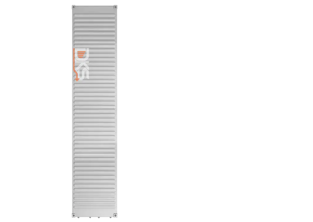 Tall gray metal industrial storage container with horizontal ventilation slats — DKS Kuwait branded transport visual.