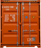Orange shipping container door with metal locking bars and caution signs — DKS Kuwait branded transport visual.