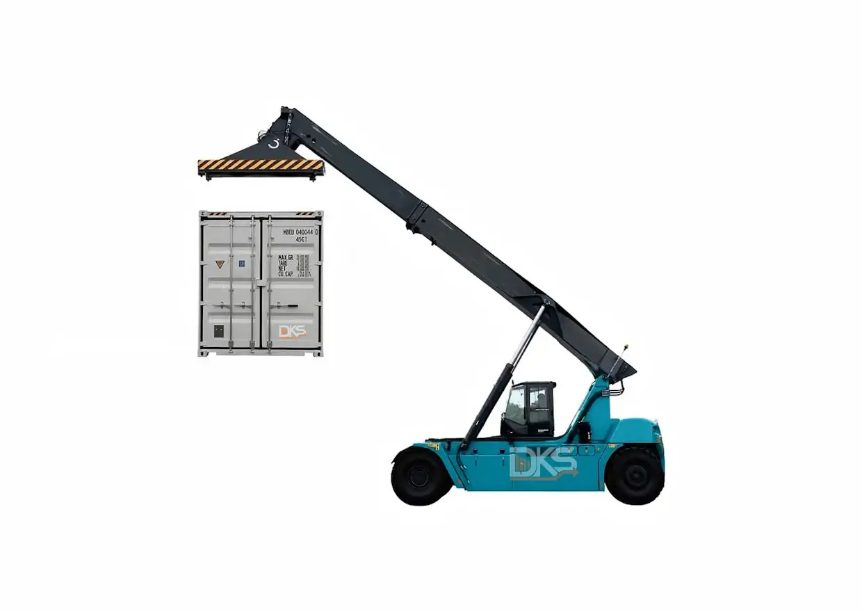 Blue reach stacker lifting a gray shipping container with extended arm against white background — DKS Kuwait branded transport visual.