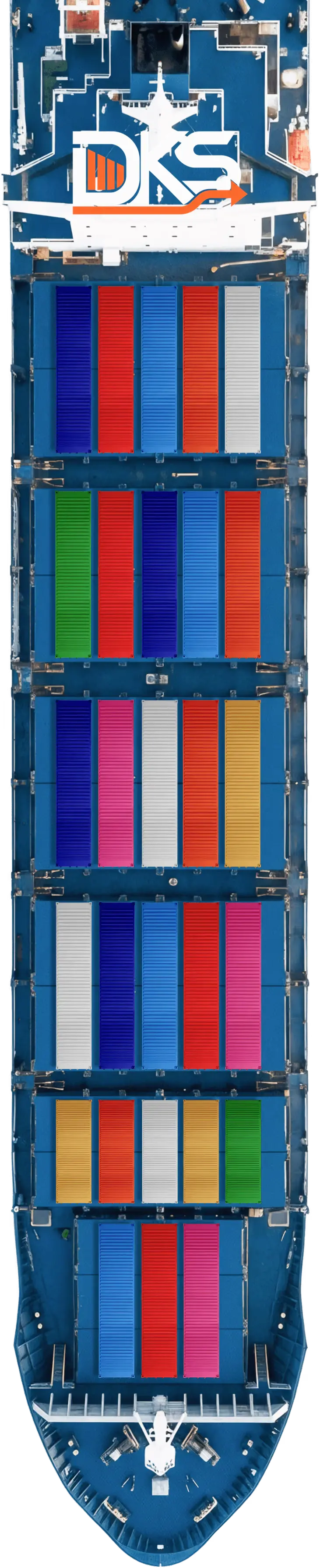 Aerial view of a cargo ship with colorful shipping containers arranged in rows on deck — DKS Kuwait branded transport visual.