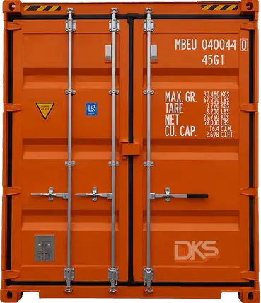 Orange cargo container door with metal locks and white weight and capacity markings — DKS Kuwait branded transport visual.