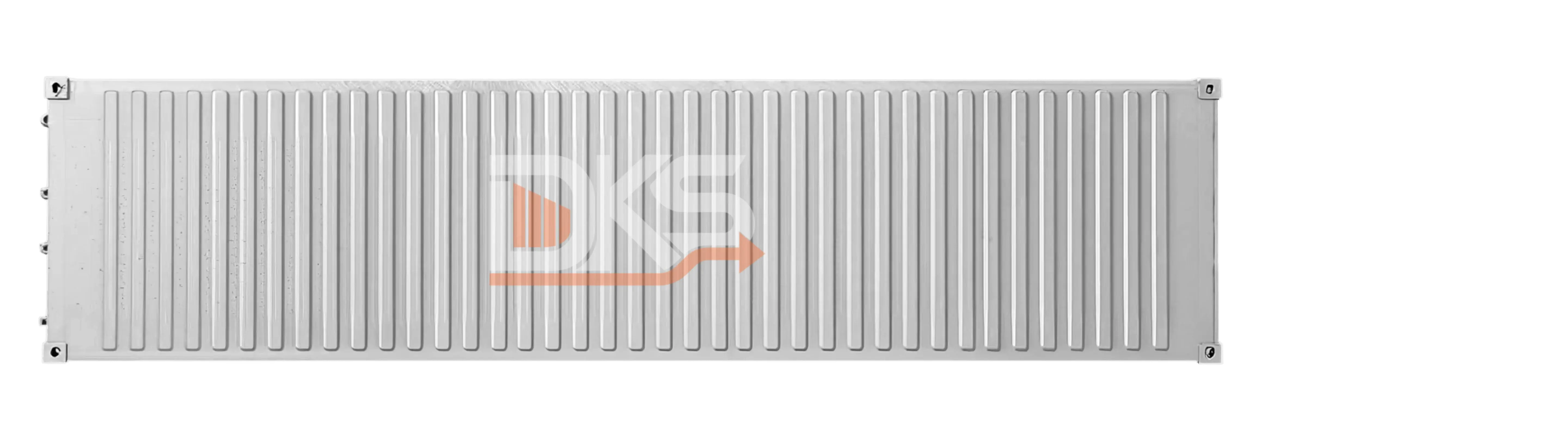 Top view of a long, empty gray shipping container showing corrugated metal roof and corner fittings — DKS Kuwait branded transport visual.