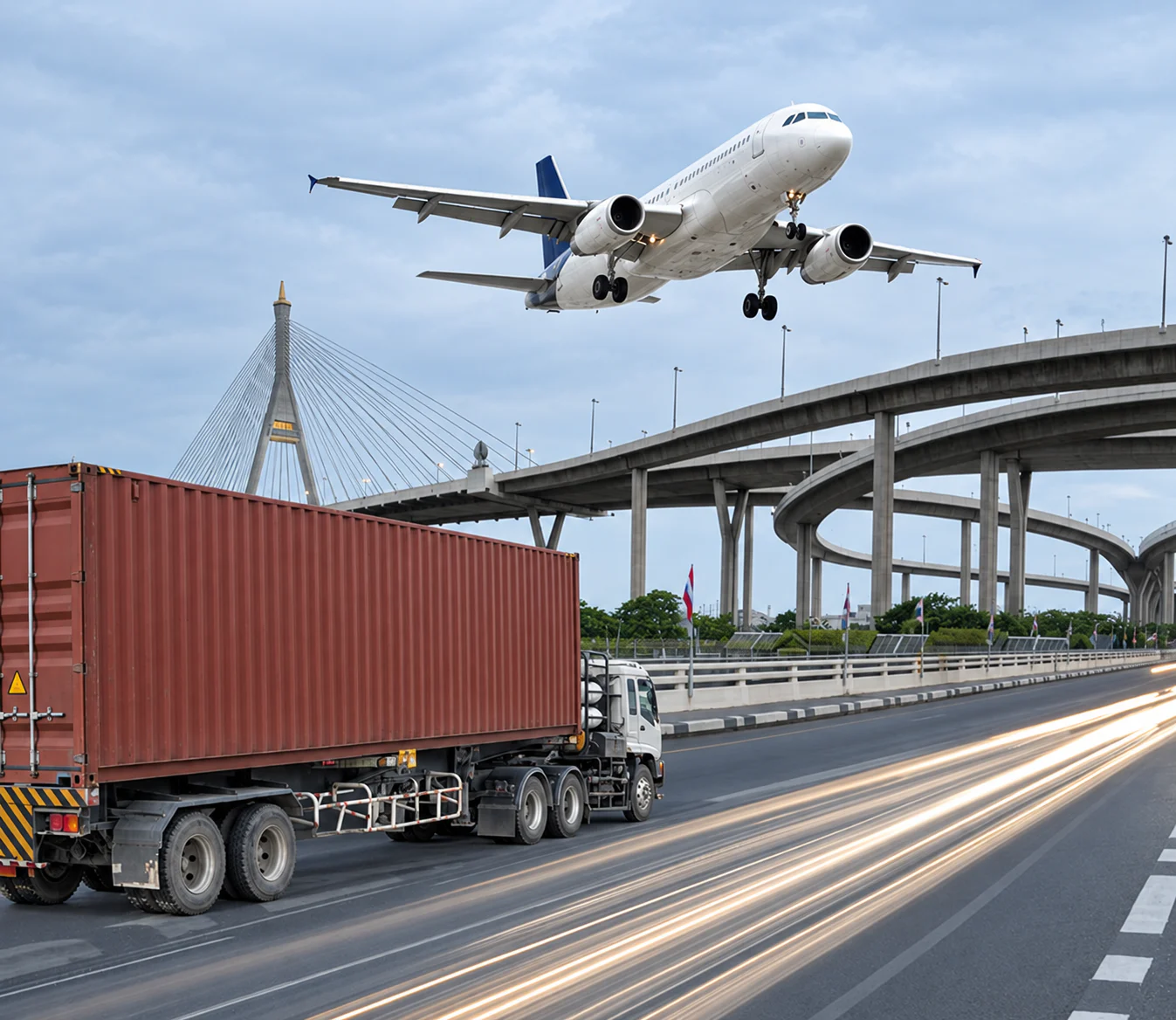 Aircraft above a container truck and elevated highway interchange.