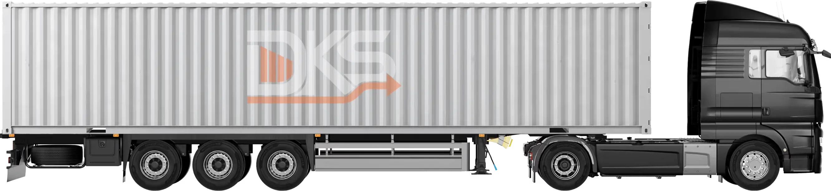 Side view of a black semi-truck with a large white cargo container attached — DKS Kuwait branded transport visual.