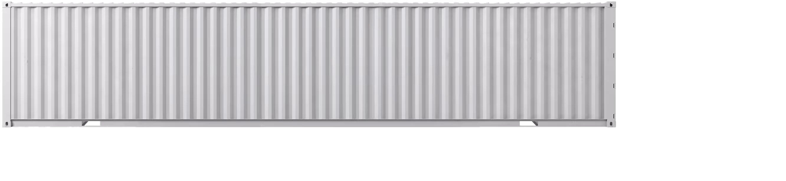 White steel shipping container with vertical ridges isolated on transparent background — DKS Kuwait branded transport visual.