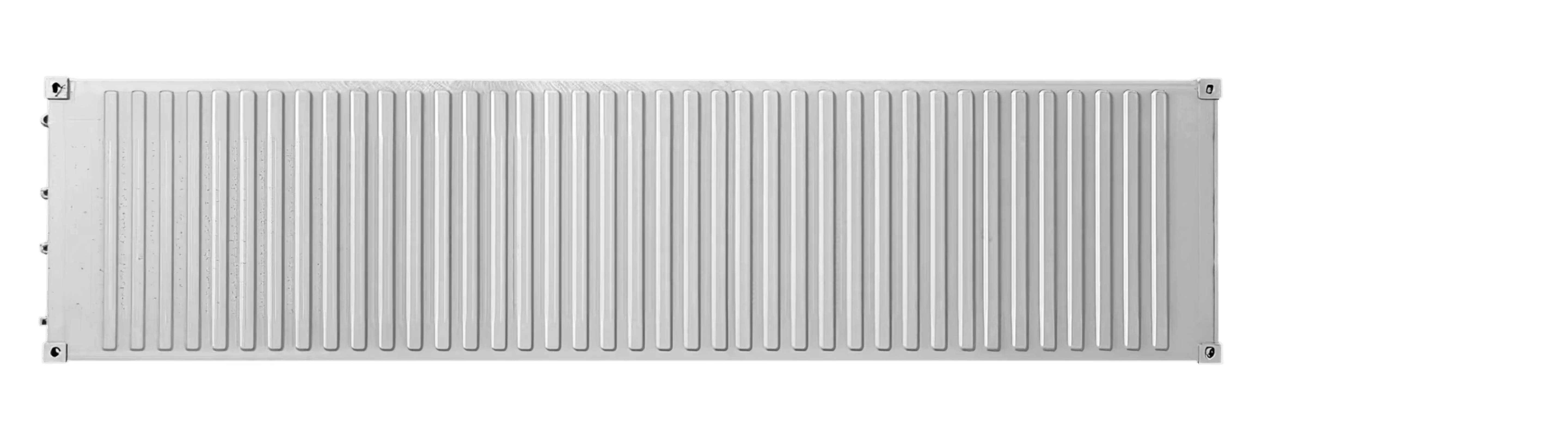 Top view of a long, empty gray shipping container showing corrugated metal roof and corner fittings — DKS Kuwait branded transport visual.