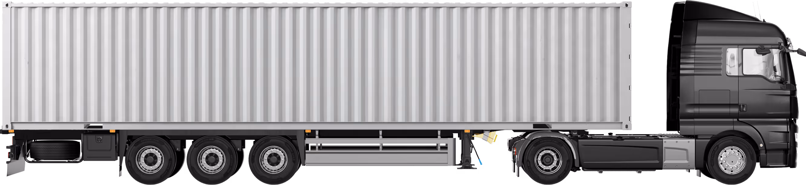 Side view of a black semi-truck with a large white cargo container attached — DKS Kuwait branded transport visual.