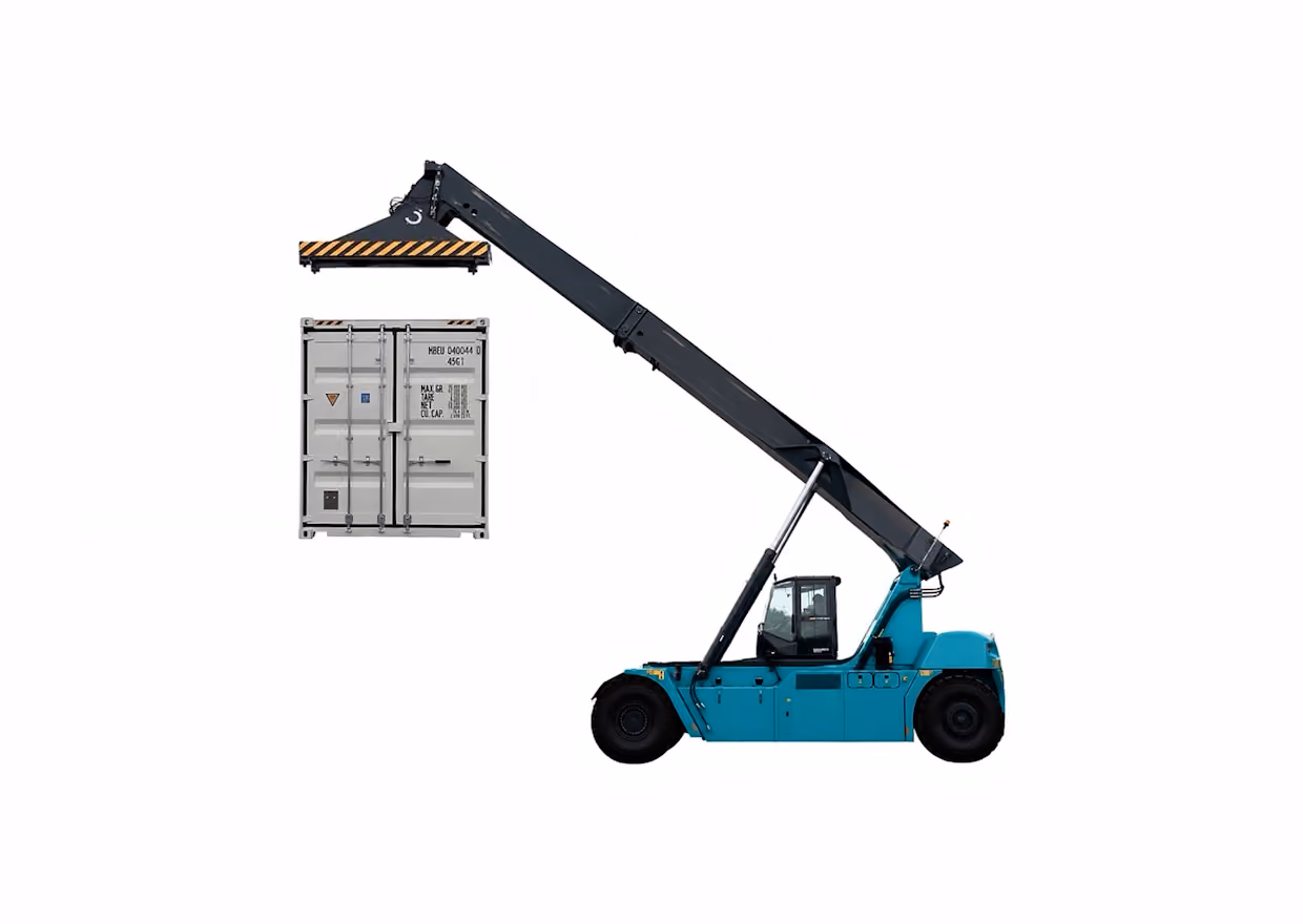 Blue reach stacker lifting a gray shipping container with extended arm against white background — DKS Kuwait branded transport visual.
