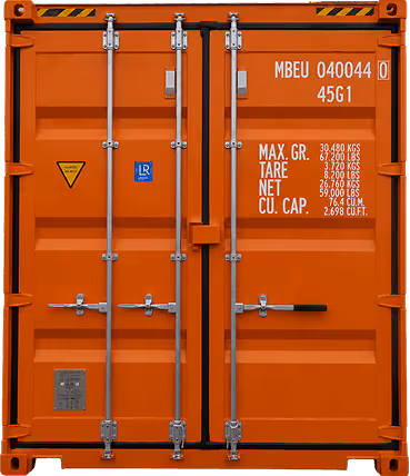 Orange cargo container door with metal locks and white weight and capacity markings — DKS Kuwait branded transport visual.