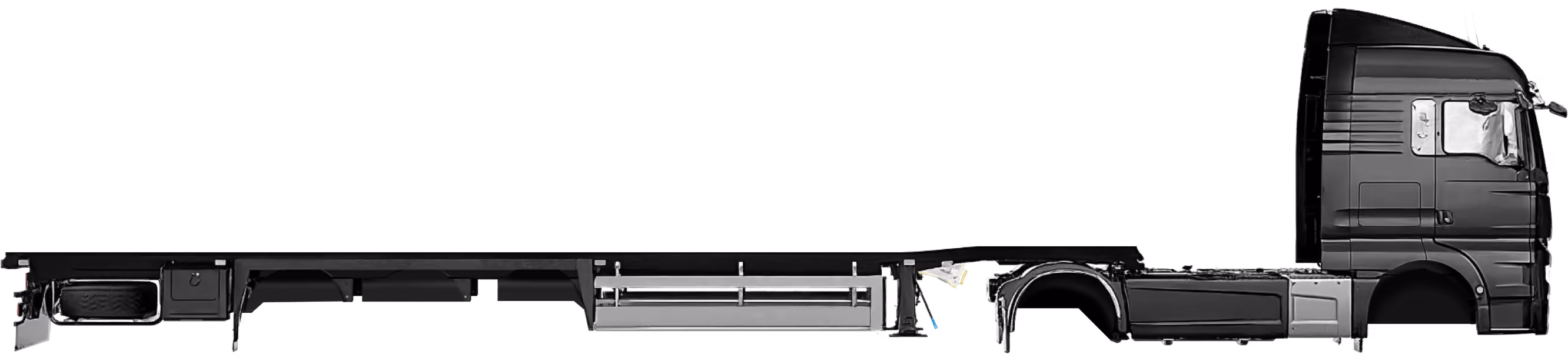 Side view of a black semi-truck cab without a trailer attached — DKS Kuwait branded transport visual.