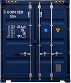 Blue shipping container doors with locking bars, warning signs, and white stenciled text — DKS Kuwait branded transport visual.