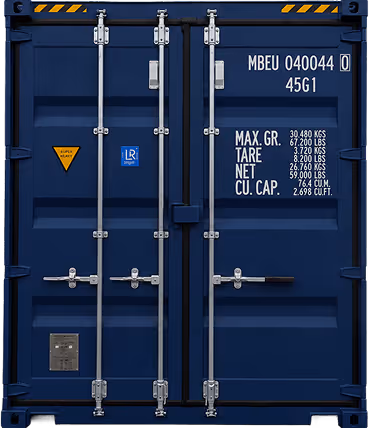 Blue shipping container doors with metal locks and white weight and capacity markings — DKS Kuwait branded transport visual.