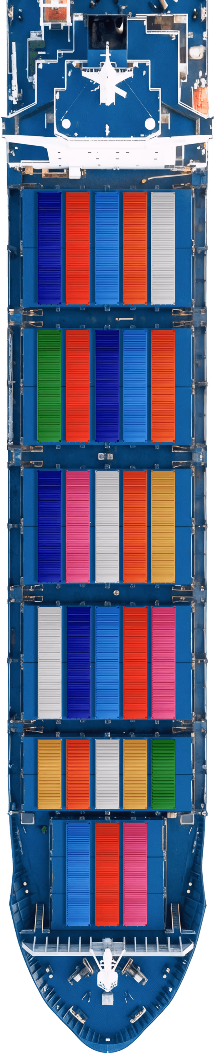 Aerial view of a cargo ship with colorful shipping containers arranged in rows on deck — DKS Kuwait branded transport visual.