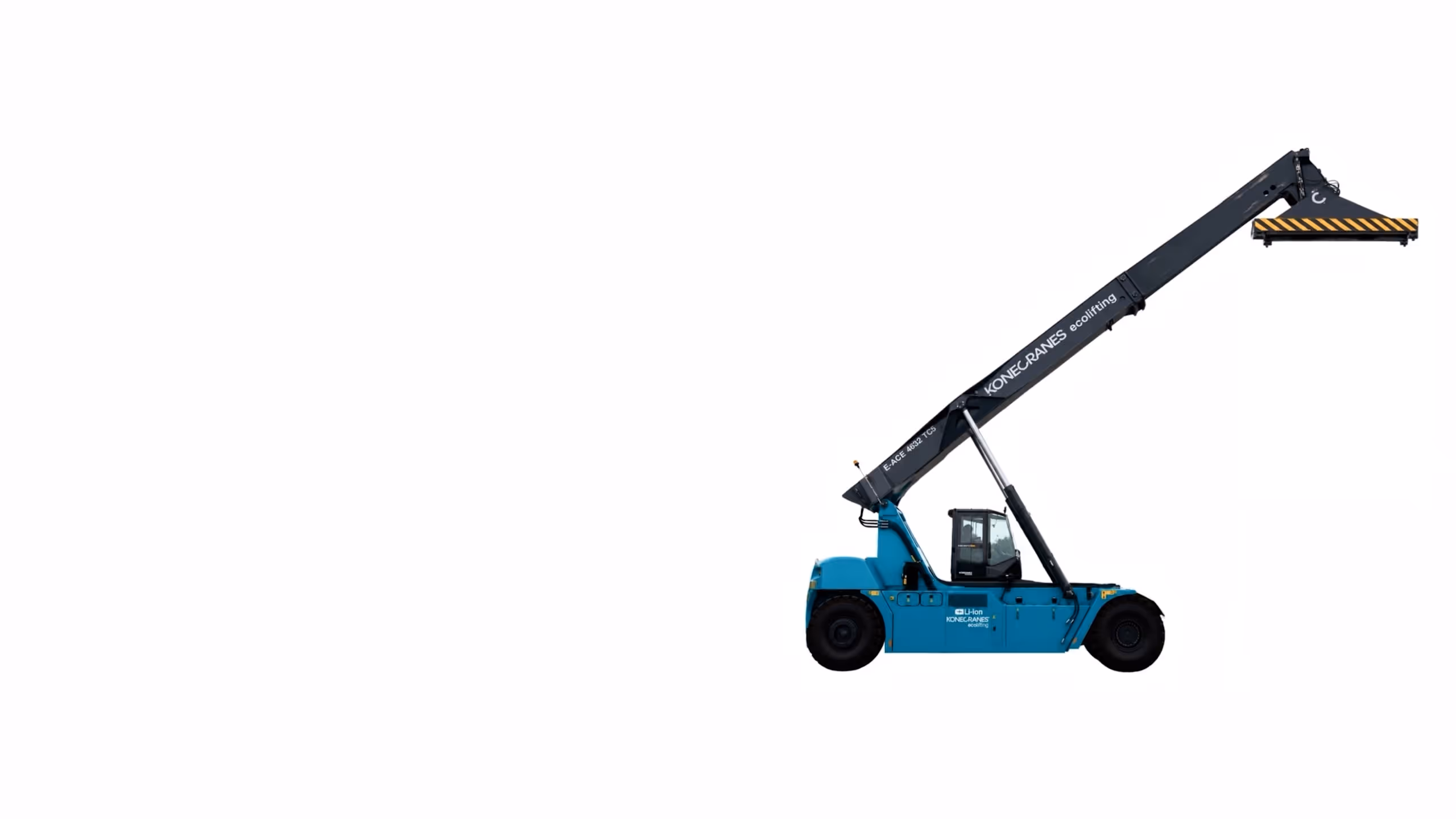 Blue Konecranes reach stacker vehicle with extended black boom on white background — DKS Kuwait branded transport visual.