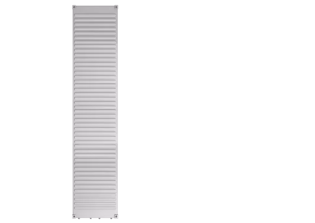 Tall gray metal industrial storage container with horizontal ventilation slats — DKS Kuwait branded transport visual.