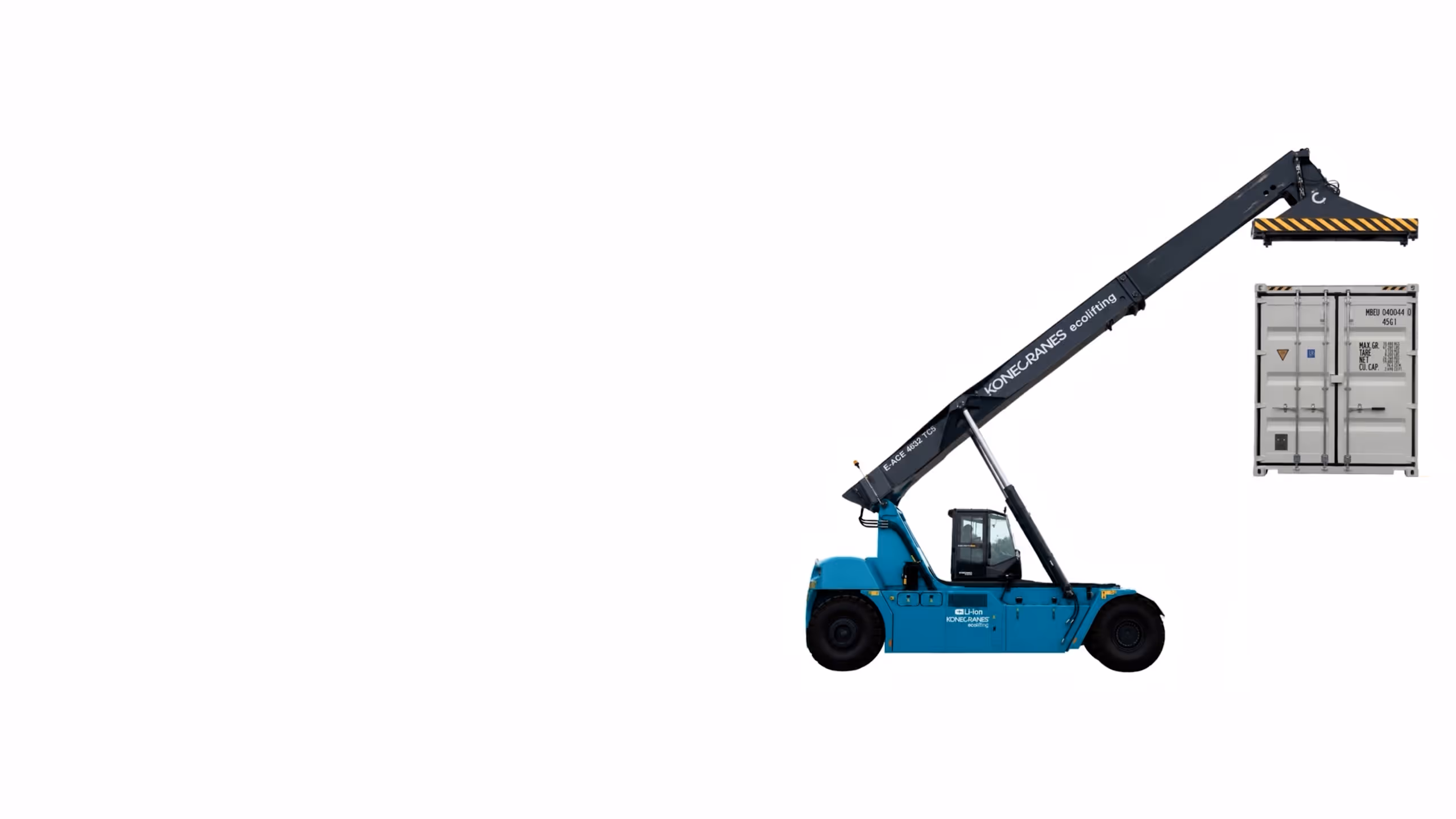 Blue Konecranes reach stacker lifting a grey cargo container with an extended arm — DKS Kuwait branded transport visual.