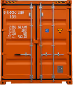 Orange shipping container door with metal locking bars and caution signs — DKS Kuwait branded transport visual.