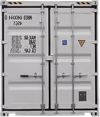Rear view of a locked white shipping container with safety and weight warning labels — DKS Kuwait branded transport visual.