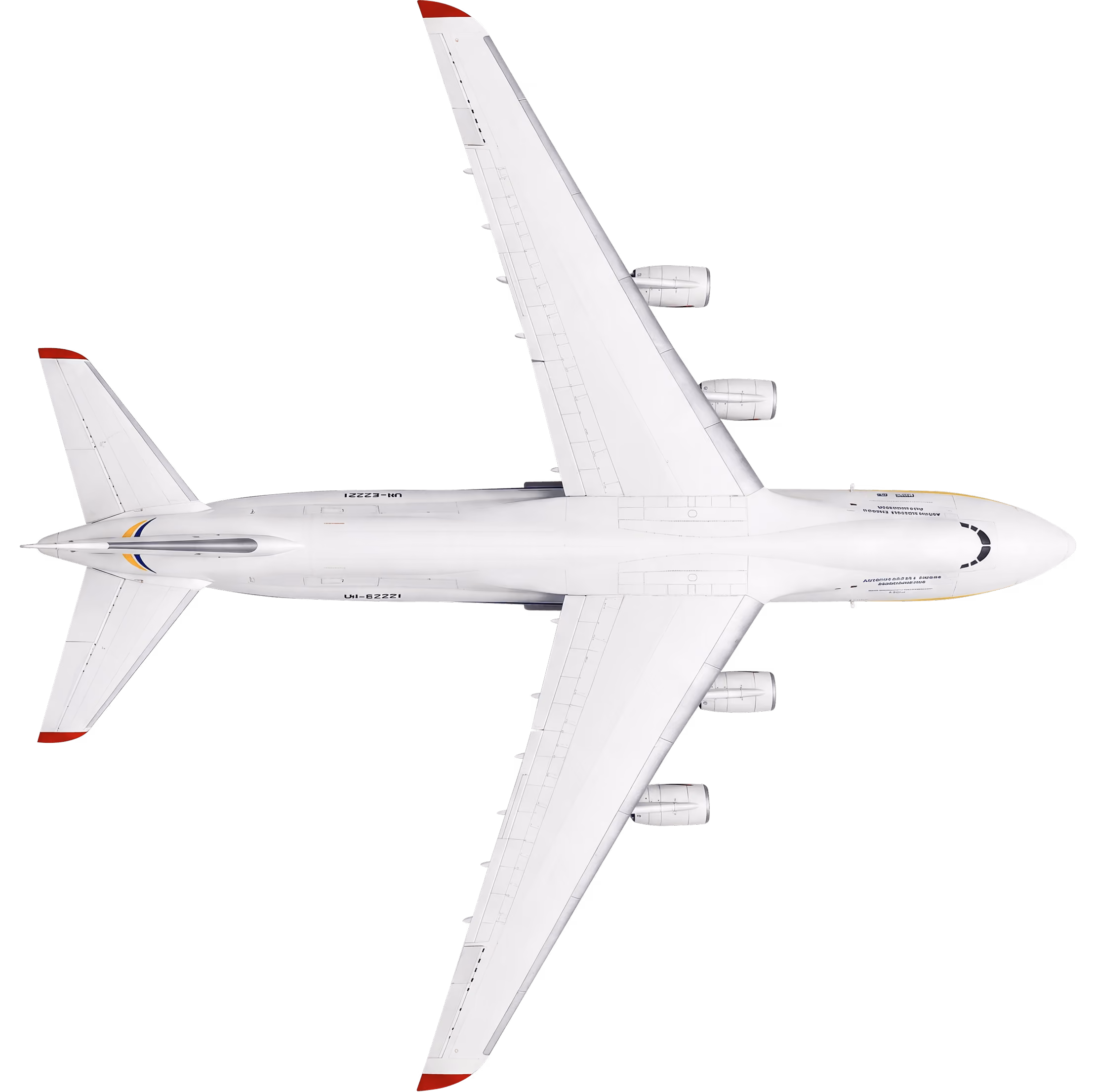 Top view of a white commercial airplane with four engines and red tips on wings and tail — DKS Kuwait branded transport visual.