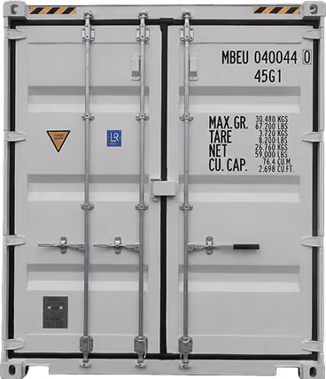 White shipping container rear doors with weight and capacity details in black text — DKS Kuwait branded transport visual.